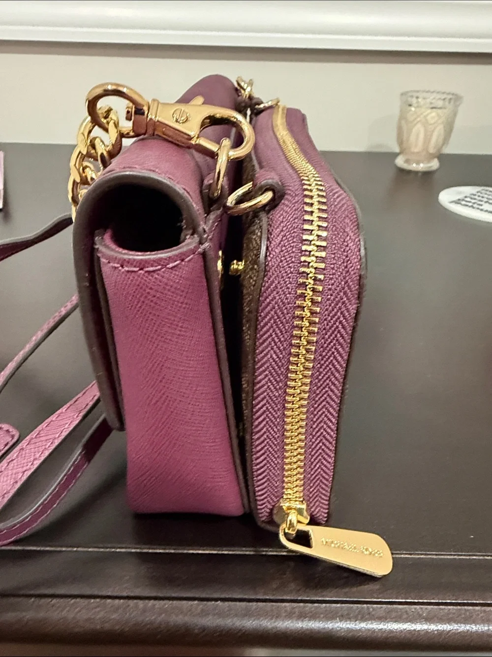 Michael Kors Pink Leather Clutch with Brown Logo Zip Wristlet